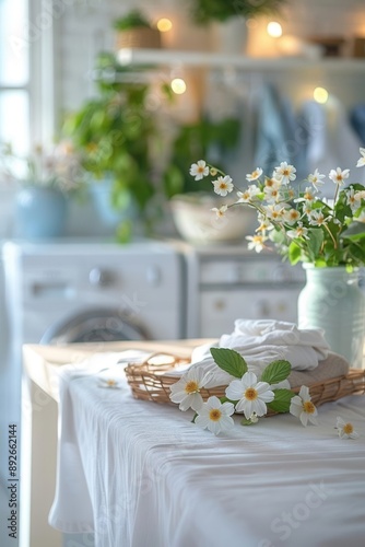 White table with clean tablecloth, laundry room setting, blurred background, bright lighting, ample copy space for design and advertisement, minimalistic photo