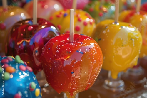 Assortment of vibrant candycovered apples with sprinkles, ideal for festive occasions photo