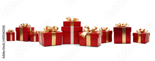red golden christmas gifts in row, isolated