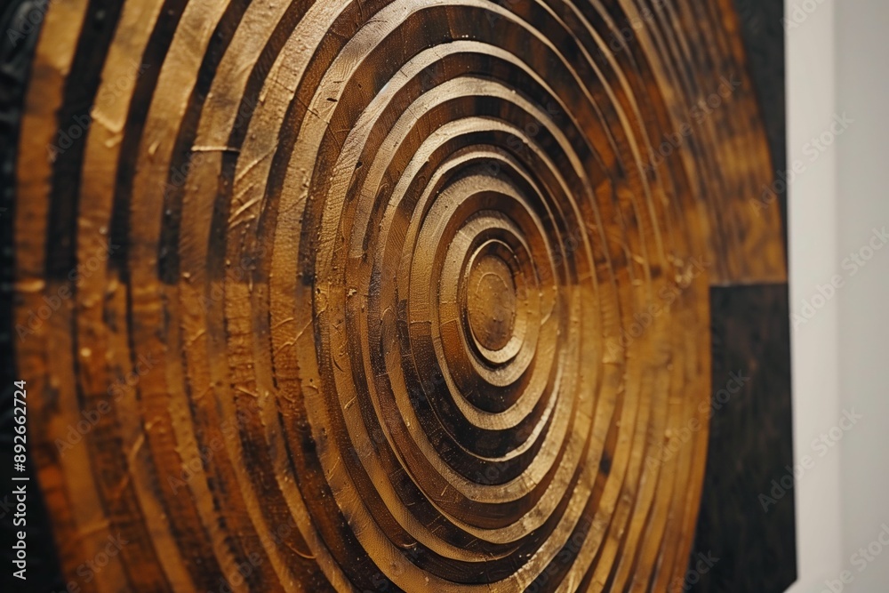 Abstract Wooden Art with Concentric Circles in Modern Gallery Setting Abstract Wooden Art with Concentric Circles in Modern Gallery Setting