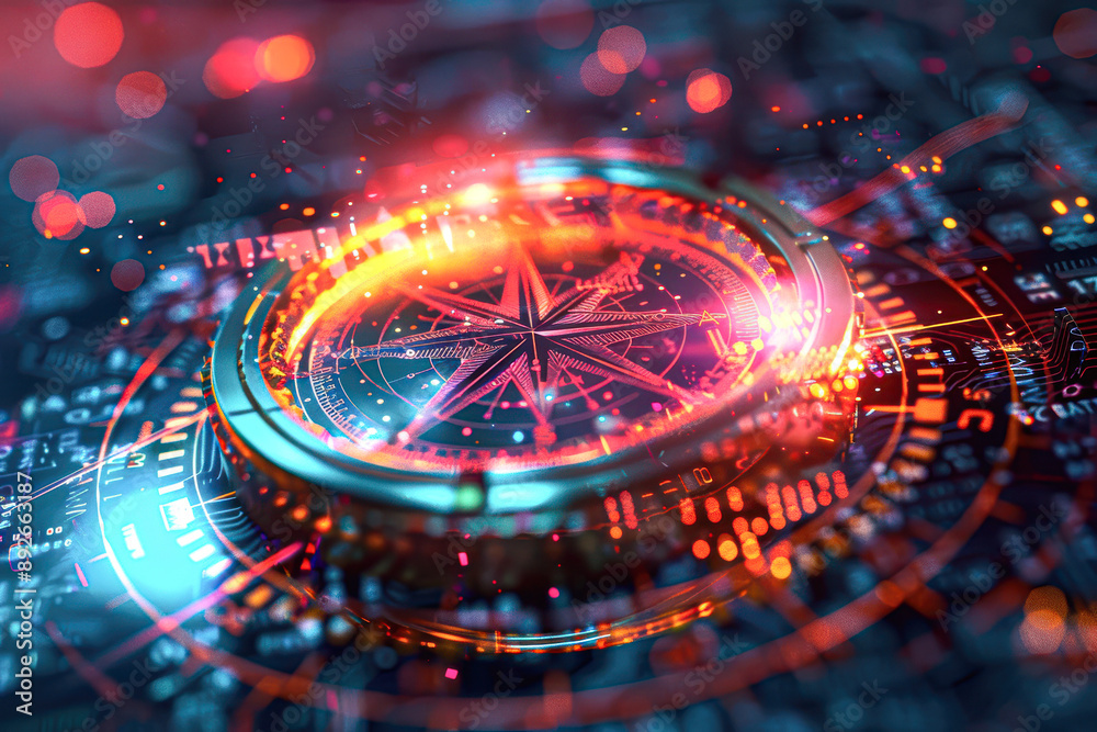 A glowing, colorful, and abstract image of a compass A glowing, colorful, and abstract image of a compass