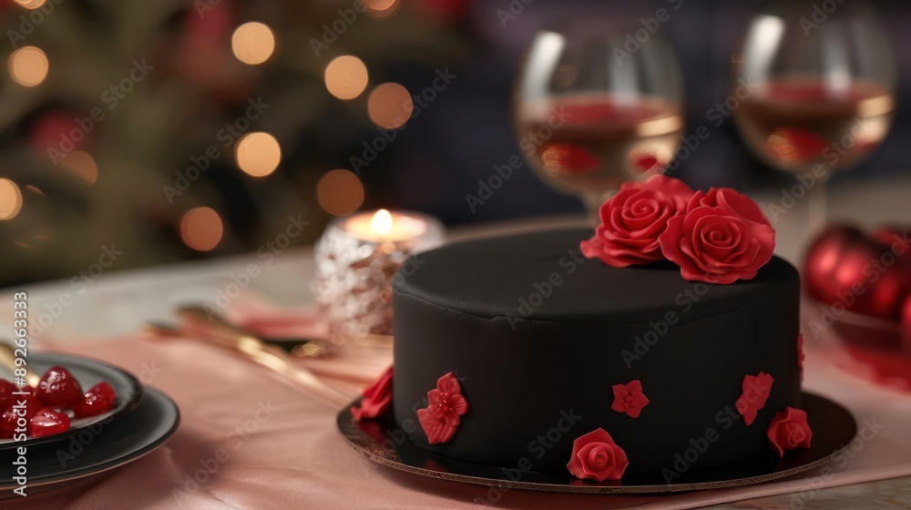 minimalist cake with a matte black finish and radiant red rose designs, set against a backdrop of a romantic, Valentine's Day dinner minimalist cake with a matte black finish and radiant red rose designs, set against a backdrop of a romantic, Valentine's Day dinner