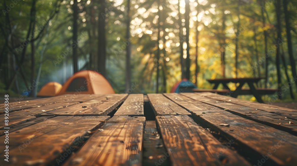 Wood table and Blurred camping and tents in forest. Good morning and fresh start of the day. Wood table and Blurred camping and tents in forest. Good morning and fresh start of the day.