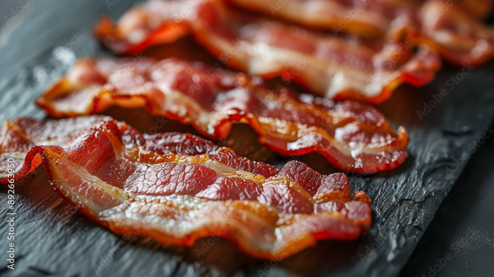 Crispy bacon slices on a black slate background. Crispy bacon slices on a black slate background.