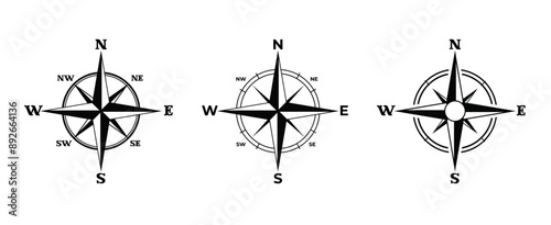 Compass, arrow icon, Navigational compass with cardinal directions of North, East, South, West. Vector magnetic field