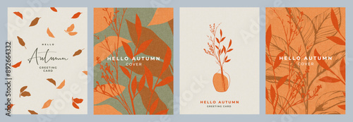 Set of trendy modern art style abstract autumn posters or covers with bright beautiful leaves and plants. Fall background, Sale banner, or flyer design. Template for advertising, web, social media