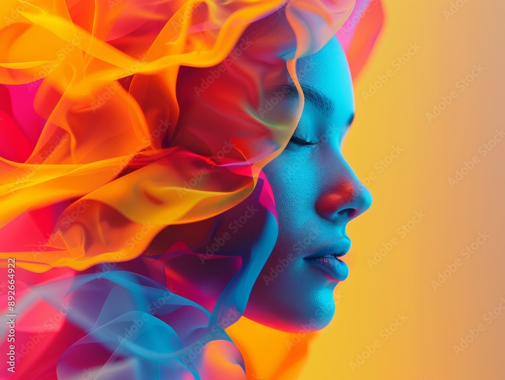 Woman's profile with colorful fabric flowing around her head. Woman's profile with colorful fabric flowing around her head.