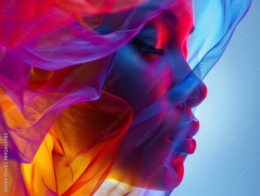 Woman's face partially obscured by colorful fabric, vibrant colors, dramatic lighting Woman's face partially obscured by colorful fabric, vibrant colors, dramatic lighting