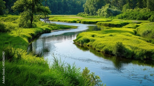 Peaceful river winding through a meadow, with crystal clear water reflecting the surrounding greenery