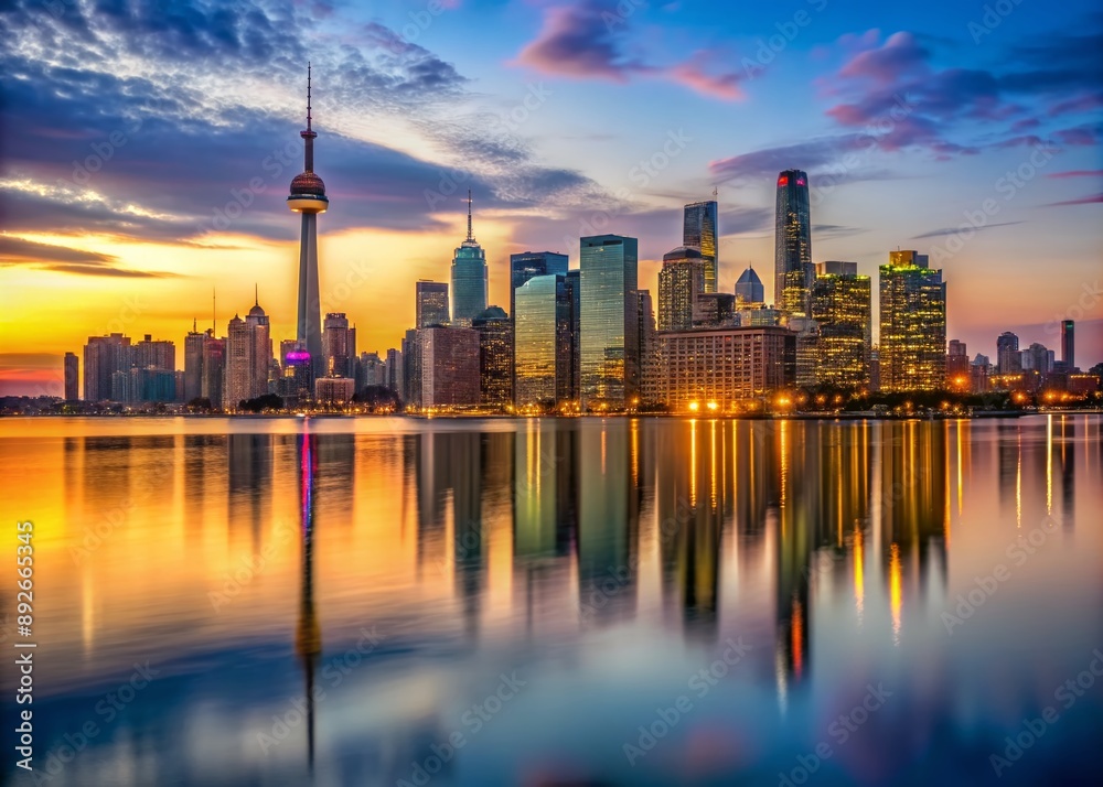 Fototapeta premium Modern glass skyscrapers with sleek architecture and vibrant city lights reflect in calm waters of Lake Ontario during a serene Toronto sunset.