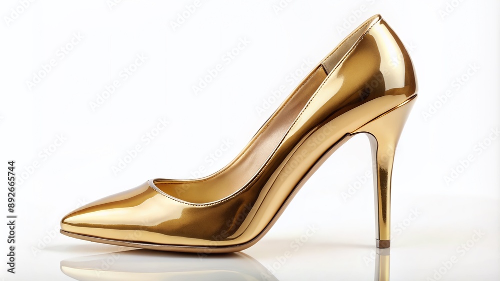 Luxurious high-heeled gold pump with a mirror-like glossy finish standing upright on a pristine white background, showcasing elegance and sophistication in solitude. Luxurious high-heeled gold pump with a mirror-like glossy finish standing upright on a pristine white background, showcasing elegance and sophistication in solitude.