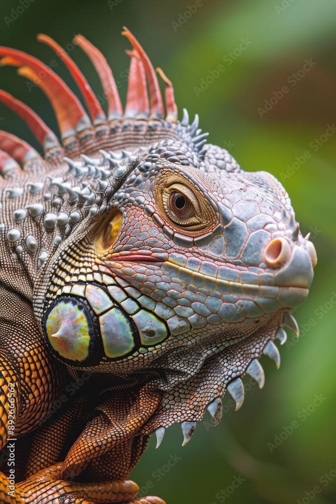 Colourful iguana in a natural environment in nature and on a dark background of greens and rocks Colourful iguana in a natural environment in nature and on a dark background of greens and rocks
