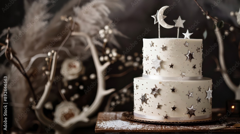 Fototapeta premium minimalist white cake with delicate, edible silver stars and moon phases, set against a backdrop of an enchanting, celestial-themed wedding