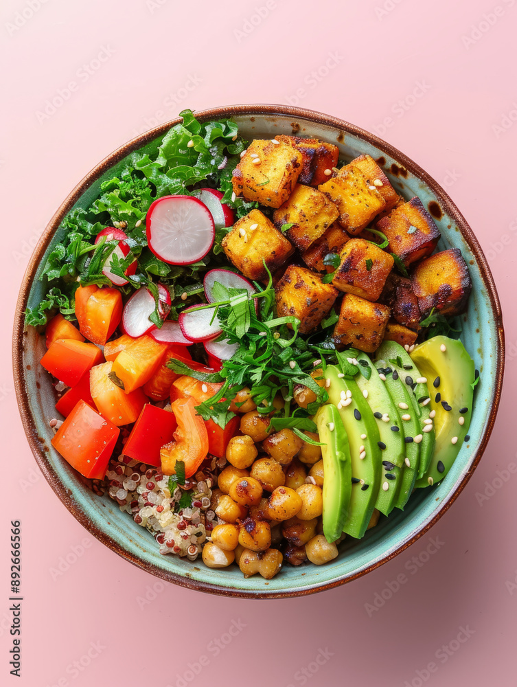 Colorful Buddha bowl with tofu, chickpeas, quinoa, and vegetables. Colorful Buddha bowl with tofu, chickpeas, quinoa, and vegetables.