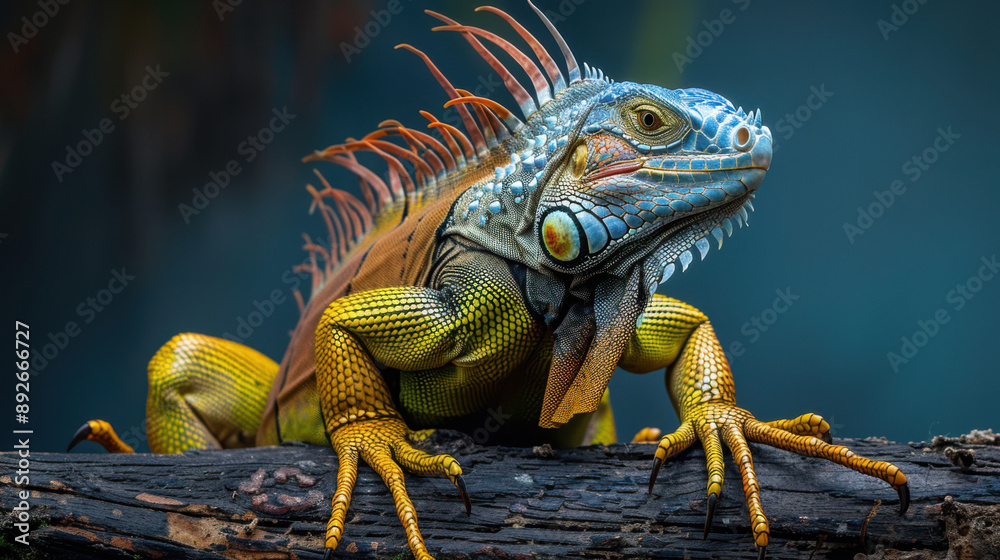 Obraz premium Colourful iguana in a natural environment in nature and on a dark background of greens and rocks