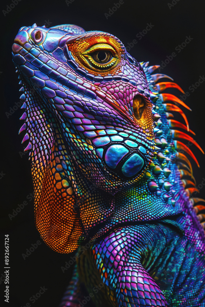 Obraz premium Colourful iguana in a natural environment in nature and on a dark background of greens and rocks