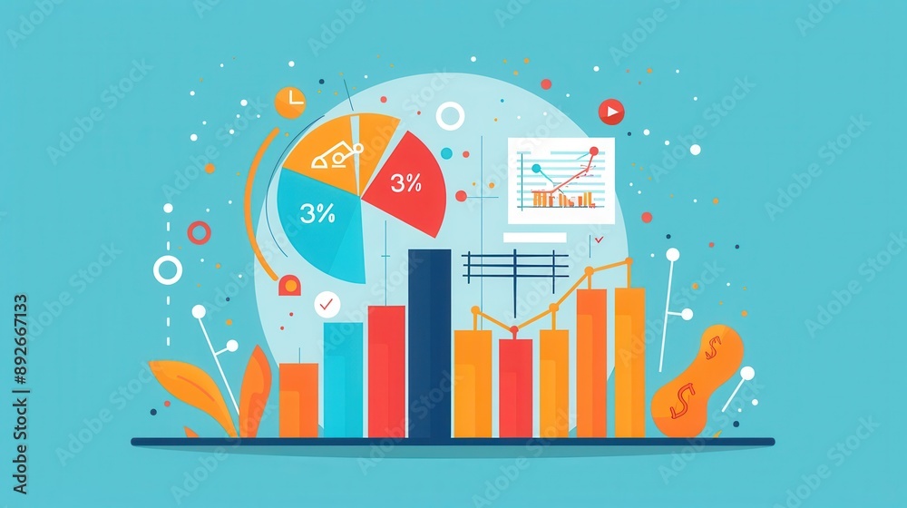 Analytical process, pie chart and data analysis tools, flat design illustration Analytical process, pie chart and data analysis tools, flat design illustration