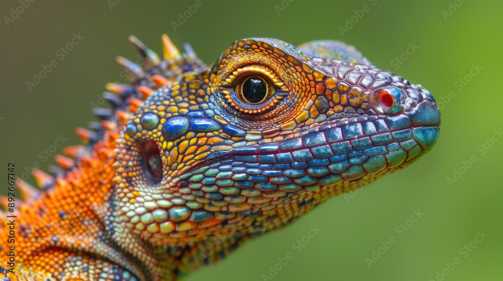 Colourful iguana in a natural environment in nature and on a dark background of greens and rocks Colourful iguana in a natural environment in nature and on a dark background of greens and rocks