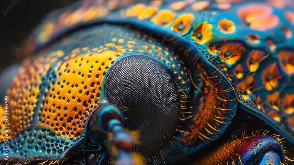 Obraz premium Macro shot of a beetle's carapace, showing the intricate patterns and colors