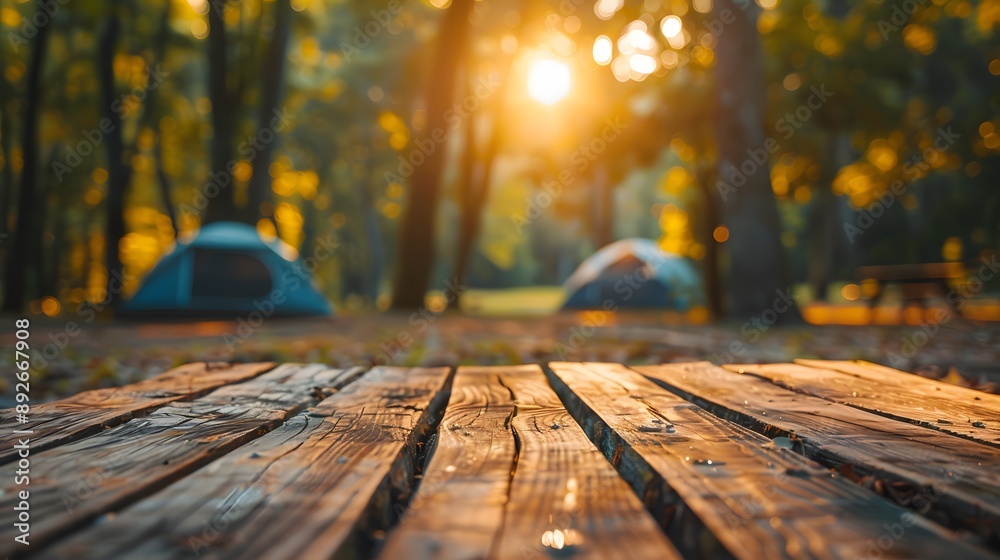 Wood table and Blurred camping and tents in forest. Good morning and fresh start of the day. Wood table and Blurred camping and tents in forest. Good morning and fresh start of the day.