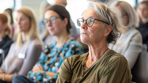 Adults attending a lecture, with focus on their attentive faces and the instructor in the background 