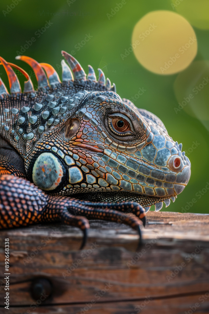 Fototapeta premium Colourful iguana in a natural environment in nature and on a dark background of greens and rocks