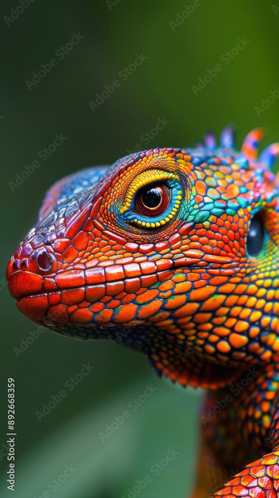 Obraz premium Colourful iguana in a natural environment in nature and on a dark background of greens and rocks
