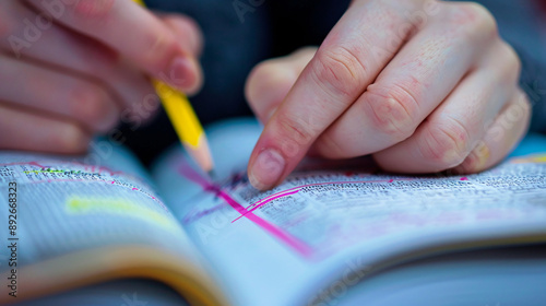 Close-up of an adult student highlighting text in a textbook, focusing on their hands and the highlighted passages  photo