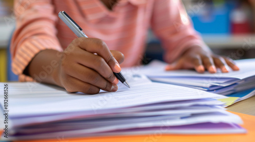 Close-up of an educator grading papers at a desk, focusing on their hands marking the documents and the stack of assignments 