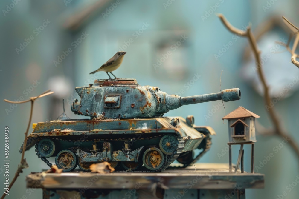 A Small Bird Perched on a Rusty Toy Tank A Small Bird Perched on a Rusty Toy Tank