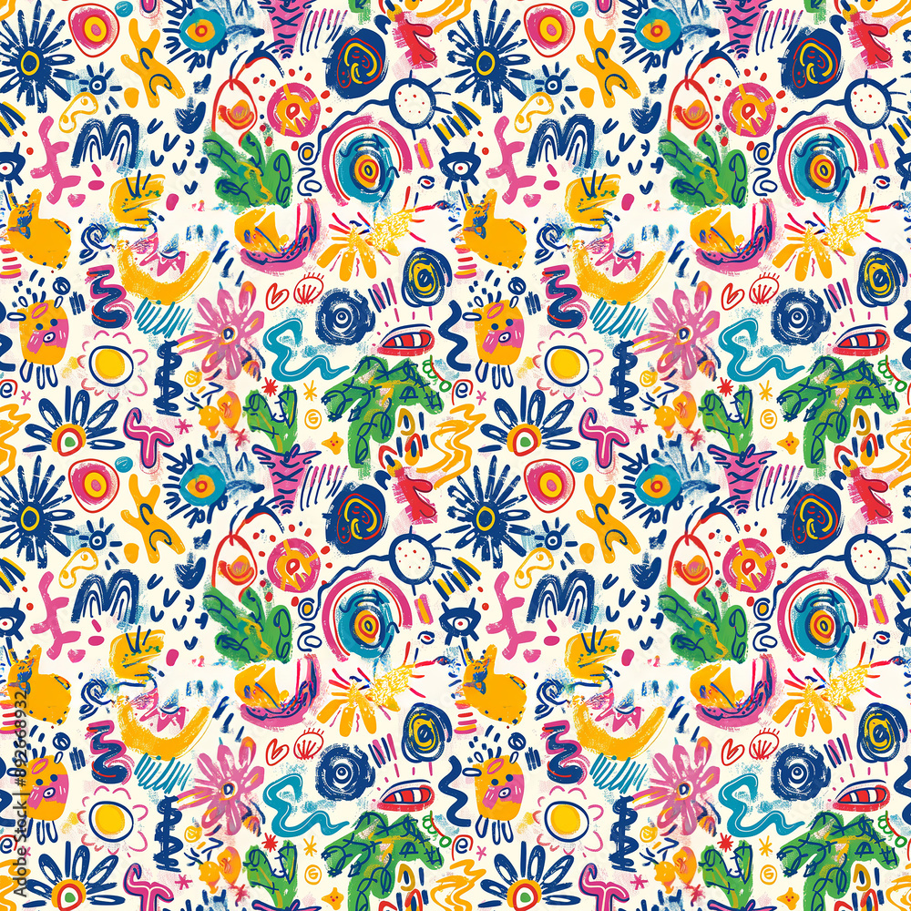 Colorful abstract hand drawn pattern with flowers, stars, and geometric shapes Colorful abstract hand drawn pattern with flowers, stars, and geometric shapes