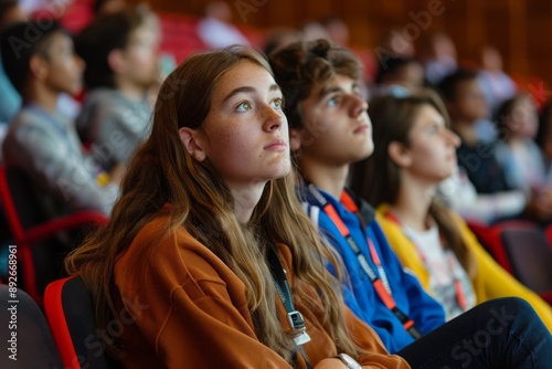 Young Woman Listening Attentively at a Conference