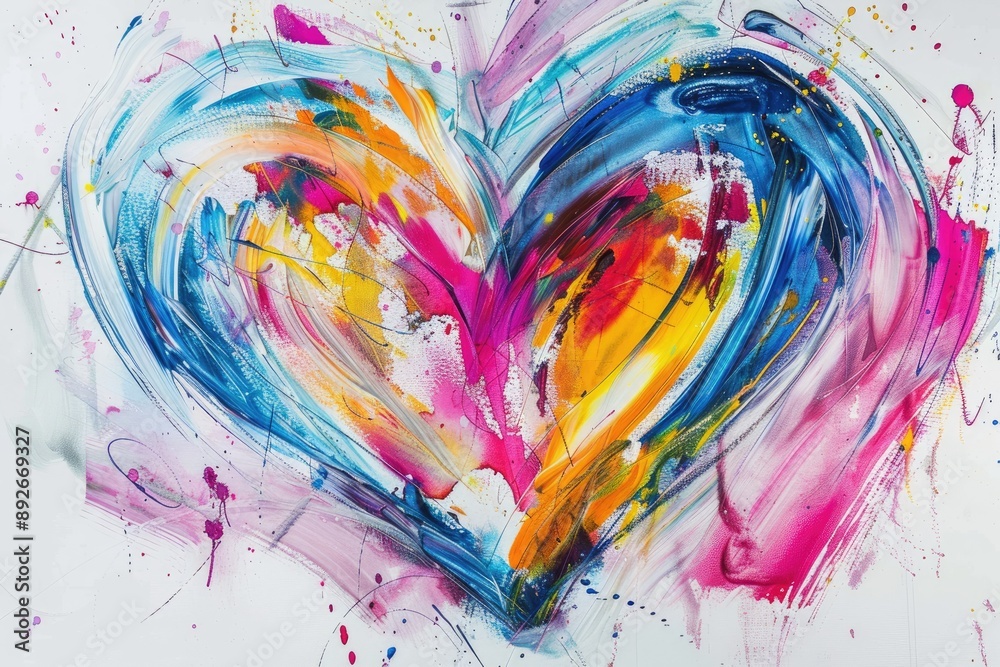 Fototapeta premium Colorful heart-shaped abstract painting with vibrant splashes of blue, pink, yellow, and purple on a white background.