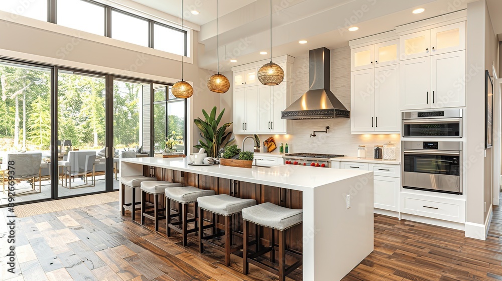 Modern Kitchen with Island and Patio View Modern Kitchen with Island and Patio View