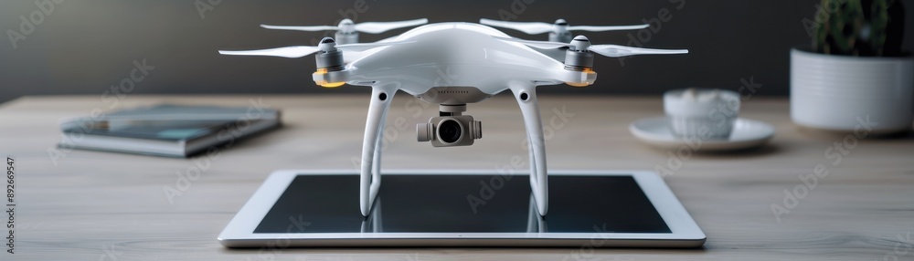 A white drone is sitting on a table next to a mouse. The drone is equipped with a camera and is ready to take off A white drone is sitting on a table next to a mouse. The drone is equipped with a camera and is ready to take off