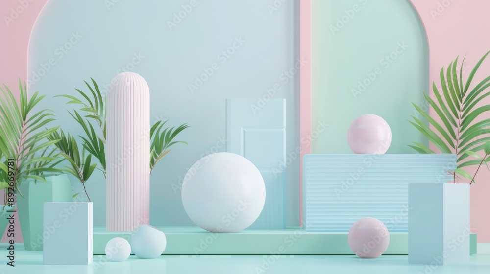 The image is a 3D model of a room with a pink and green color scheme The image is a 3D model of a room with a pink and green color scheme