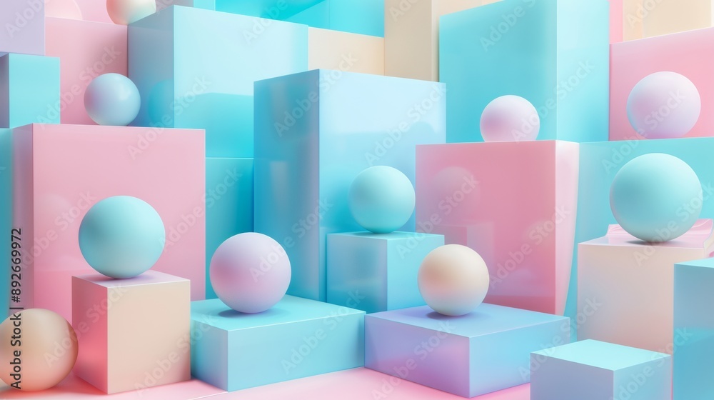 A colorful room with pink, blue, and yellow cubes and balls A colorful room with pink, blue, and yellow cubes and balls