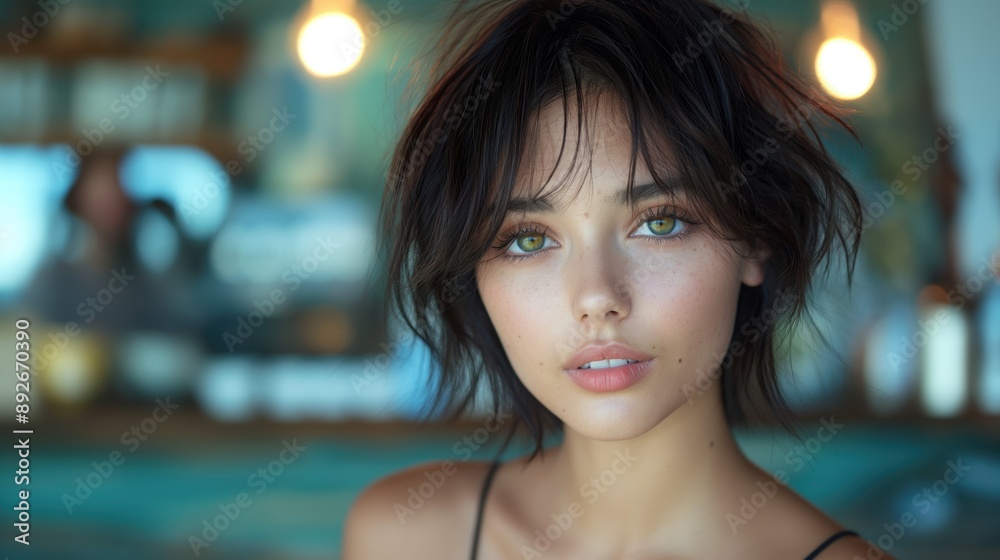 Woman with Short Hair in Cafe with Soft Lighting