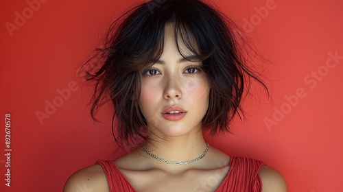 Woman with Short Hair in Red Top Against Red Background