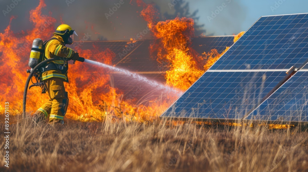 Naklejka premium Technician using firefighting equipment to contain a photovoltaic fire.
