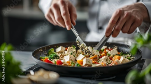 A chef preparing a dairy-free meal with tofu, vegetables, and quinoa, in a professional kitchen setting, high-resolution photo, realistic photo, cinematography, hyper realistic