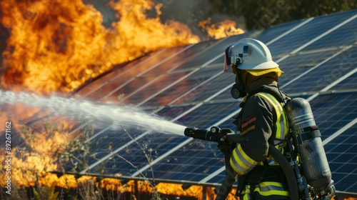 Technician using firefighting equipment to contain a photovoltaic fire.