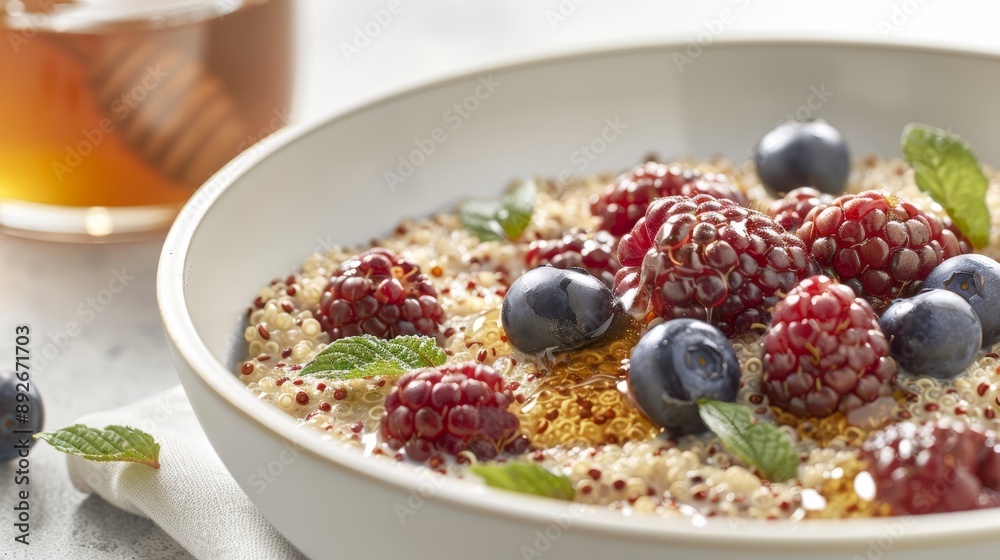 A close-up of a bowl of quinoa porridge with almond milk