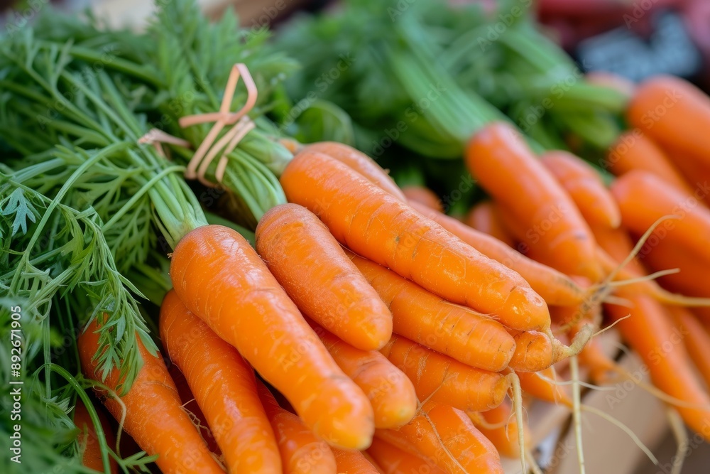 Vibrant, fresh carrots tied in bunches, displayed for sale at a local farmer's market Vibrant, fresh carrots tied in bunches, displayed for sale at a local farmer's market