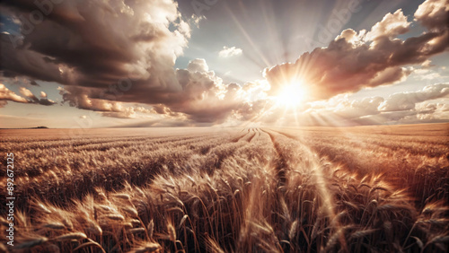 A vast field sways gently under a vibrant summer sunset, casting long shadows and painting the clouds photo