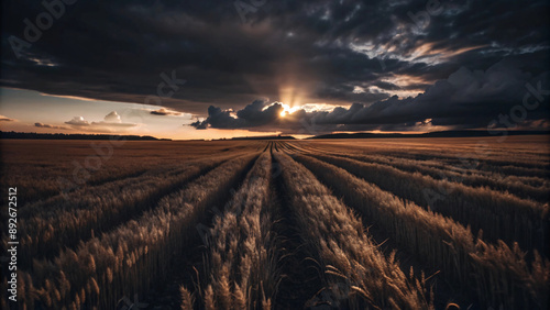 A vast field sways gently under a vibrant summer sunset, casting long shadows and painting the clouds photo