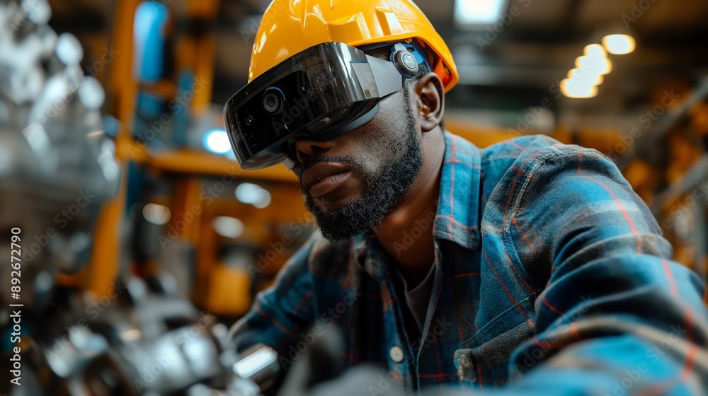 Factory worker using AR glasses, assembling parts Factory worker using AR glasses, assembling parts