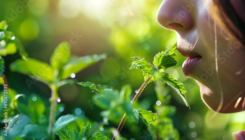close-up photo of a woman smelling fresh mint leaves