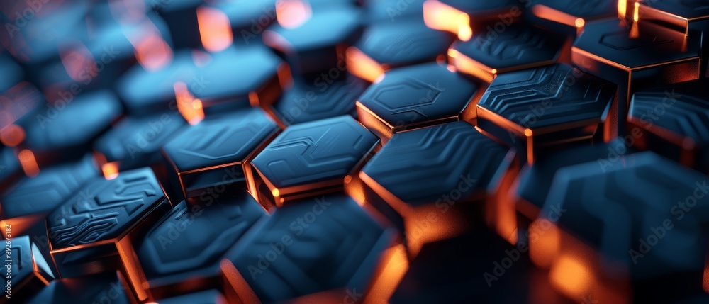 Fototapeta premium 3d background with hexagons, angles, close up, focus on, deep tones, Double exposure silhouette with angles