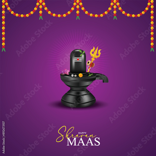 Shravan Month, And, Happy, Maha Shivratri, Poster, Happy Shravan Maas celebration with Shivling illustration adorned with trident, flowers, and garlands on a purple background,  photo